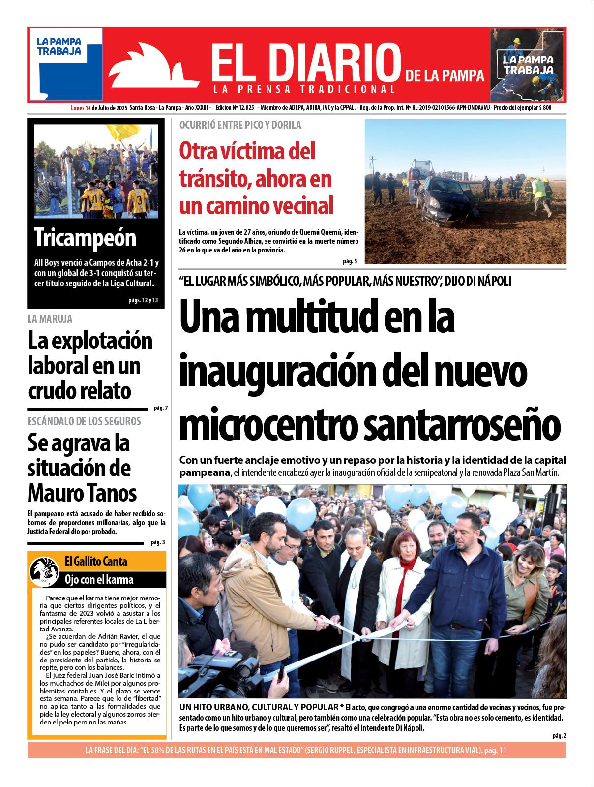 Tapa de El Diario en papel  lunes 14 de julio de 2025
